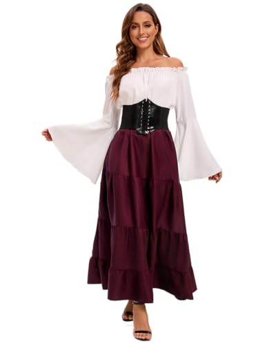 Feynman Damen Retro Mittelalter Kleid mit Trompetenärmel, Mittelalterliche Viktorianischen Königin Kleider Renaissance Gotisch Maxikleid Karneval Halloween Party Prinzessin Kostüm