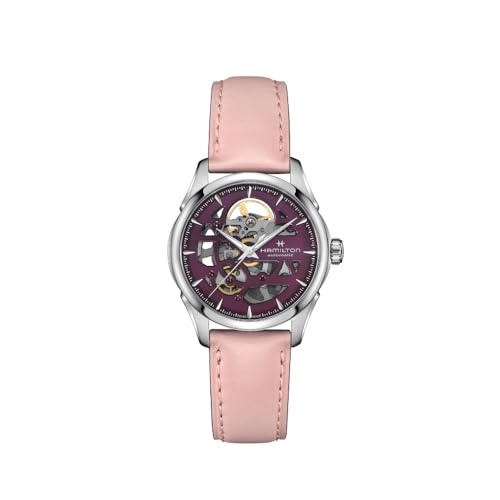 Hamilton 腕時計 ジャズマスター スケルトン レディオート | スイス製 | 36mm ステンレススチールケース | パープルダイヤル アナログウォッチ | ピンクレザーストラップ (モデル:H32265801), パープル, コンテンポラリー