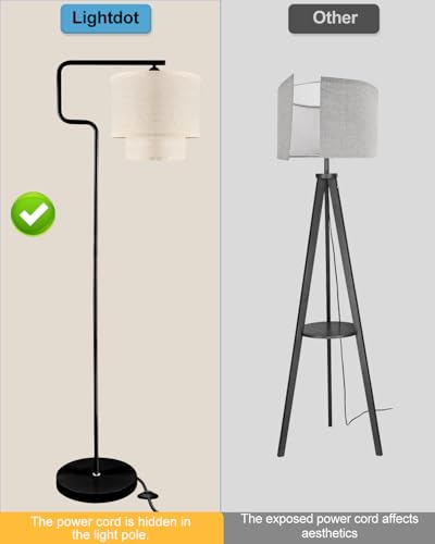 Image of Lightdot 62IN Floor Lamps for Living Room, Modern Standing Tall Lamps with Double Linen Shades, 3000K Arc Bohemian Floor Lamp with Foot Switch for Wedding /Party, Bedroom, Home Office-Black
