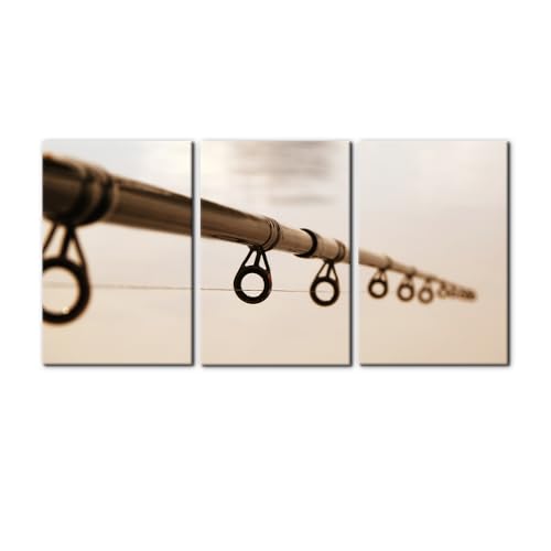 Pacimo 3 Pieces Canvas Print Wall Art Set Close Up View of Brown Fishing Rod Ocean Nature Photography Realism Nautical Scenic Colorful Beach Dark for Living Room Bedroom Office Wall Decor- 16"x24"x3