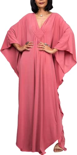 LOUSEA Kaftan Dresses for Women Solid Color Caftan Dress Batwing Sleeve Vneck Caftans Plus Size Lightweight Swimsuit Cover up oure Color Kaftans for Lounge wear Women (LS-8702-A19)