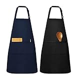 Yoofoss 2 Piezas Delantal de Cocina, Impermeables Ajustables del Cocinero con Bolsillo Cocina Delantale para Mujeres Hombres,Delantal Chefs Cocina(1x Negro Delantal + 1 x Azul Marino Delantal)