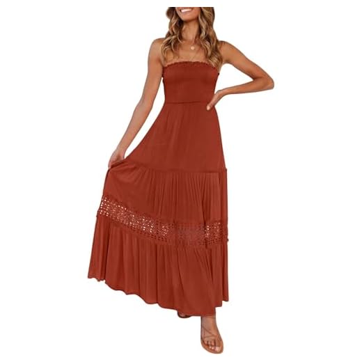 ZESICA Women's 2023 Summer Bohemian Strapless Off Shoulder Lace Trim Backless Flowy A Line Beach Long Maxi Dress,DarkOrange,Medium