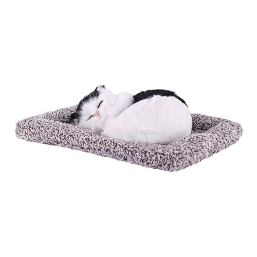 Image of Sleeping Cat Plush Toy with Press Simulation Sound, Sleeping Cat Stuffed Animal Fur Soft Toys with Sound for Kids Car Dashboard Cat & Office Desk (White& Black)