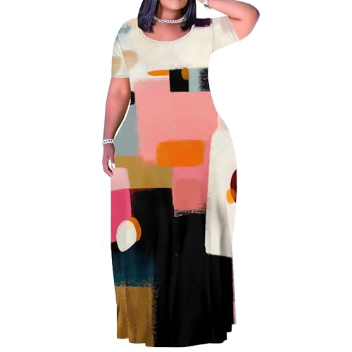 Image of PinkPatty Plus Size Dress for Women Casual Crew Neck Short Sleeve Maxi Dress Oversized Summer Beach Dresses with Pockets