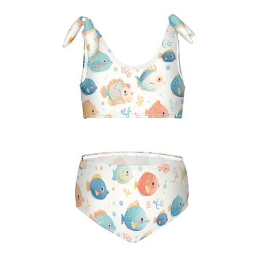Puffer Hawaiian Fish and Seaweed Girl 2 Pieces Kids Bikini Set Scoop Neck Swimsuits Swimwear Cute Shoulder Strap