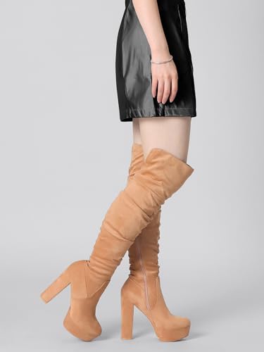Allegra K Allegra K Women's Platform Round Toe Zipper Slouch Heel Khaki Over the Knee Thigh High Boots 6.5 M US
