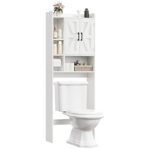 Image of TEENFON Over The Toilet Storage Cabinet with 4 Open Shelves and Adjustable Shelf, Extra Tall Bathroom Organizer Unit with 2 Barn Doors, Home Space Saver for Bathroom, Laundry Room, White
