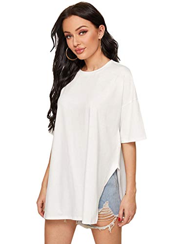 Floerns Women s Casual Basic Short Sleeve Loose Split Side Tee Tops A-White L