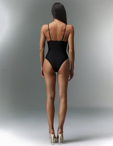 BELLA BARNETT Black Spaghetti Strap Hollow Out One Piece Swimsuit Women Chic High Waisted Women's Swimwear3