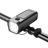 Qisan Bike Headlight & Horn Set, 300 Lumens Bike Light, 8 Modes Solar Energy + USB Rechargeable Waterproof Built-in 120db Horn & Safety Bike Front Light for Road, Mountain, Night Riding - Black