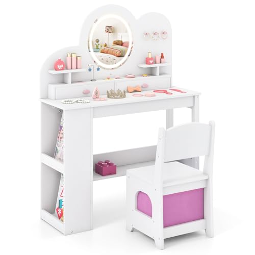 Image of HONEY JOY Kids Vanity with Lights and Open Bookshelf, Cloud Princess Makeup Dressing Desk, Drawers, Wooden Pretend Play Toddler Vanity Table & Chair Set with Lighted Mirror for Little Girls (White)