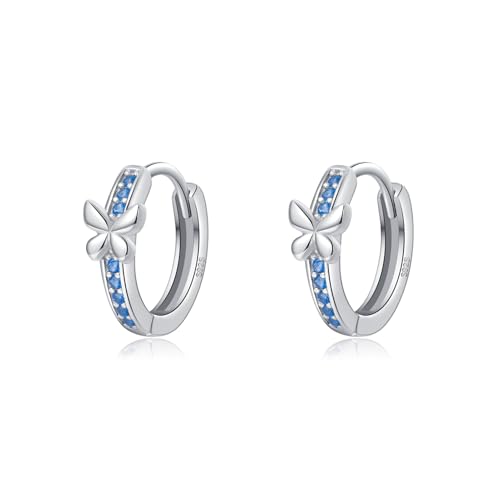 SLUYNZ Solid 925 Sterling Silver Blue CZ Butterfly Earrings Hoop for Women Teens Butterfly Hoop Earrings Huggie