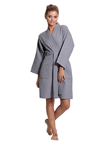 Turkuoise Linen Lightweight Knee Length Waffle Kimono Bath and Spa Robe Gray, Medium