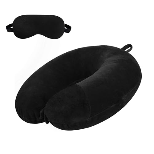 Image of U-Shaped Neck Pillow Soft Fiber Filled Travel Cushion with Snap Button, Comfortable Fabric, Neck Support for Flight, Bus, Car, Neck Pillow for Pain Relief (Black Combo)