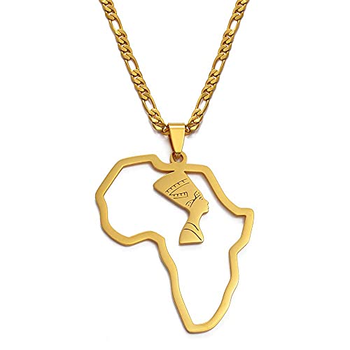 Colliers pendentif Reine Néfertiti et carte Afrique en or pour femmes et hommes bijou 60 cm