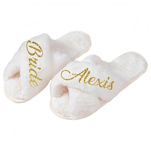 MEIEG Zapatillas De Novia Personalizadas Para La Boda, Zapatos De Boda Suaves De Las Mujeres Wite Nombre Personalizado, Zapatillas De Pie Abierto De Banda Cruzada Regalos De Dama De Honor