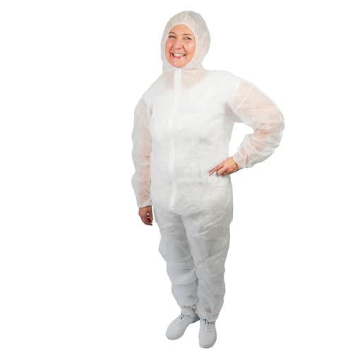 ARNOMED Mono de protección PP extra fuerte, mono completo blanco 50g/m², mono de pintor desechable XXL, mono de trabajo para hombre/mujer con capucha, mono desechable, mono de protección desechable