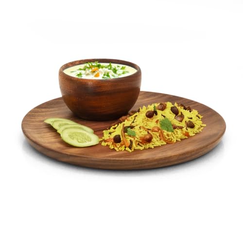 Image of Wooden thali, Sheesham Wood Serving Plate, 25.4 cm Round, Natural Brown, Chemical-Free (Wooden thali 3)