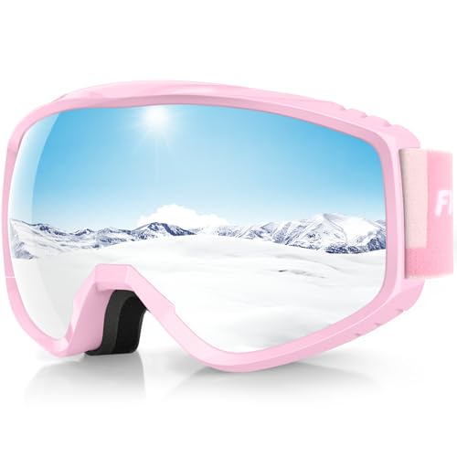 Findway Gafas de esquí para adultos para hombre y mujer, gafas de snowboard para personas con gafas, protección UV OTG, casco compatible con gafas de esquí, gafas de esquí esféricas rosas, espejo
