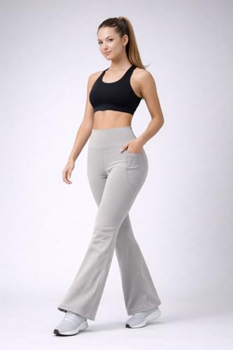 Image of Women's High Waist Bootcut Yoga Pants with Side Pockets | Flared Gym Leggings for Women | Stretchable Workout Bell Bottom Tights for Yoga, Gym, Running & Casual Wear Pack of 2