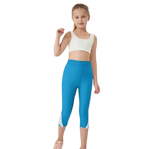 Kids Girls Capri Leggings Lace Trim Stretchy Cropped Yoga Pants Elastic High Waisted Teen Lightweight Athletic Tights3