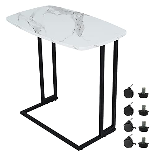 Moncot Beistelltisch C-Form Sofatisch mit Rollen, Weiße Marmor Textur MDF Kaffeetisch, Couchtisch mit Metallrahmen Wohnzimmertisch für Kaffee, Laptop,Balkon, 60 x 35 x 61 cm (LxBxH) Cover