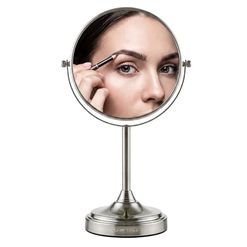 Image of OVENTE 7 inch Tabletop Magnifying Makeup Mirror, Nickel Brushed MNLCT70BR1X7X | Double Sided Vanity Standing Mount Mirror with 1X /7X Magnification, 360 Rotation, Perfect for Dresser Bedroom Office Desk