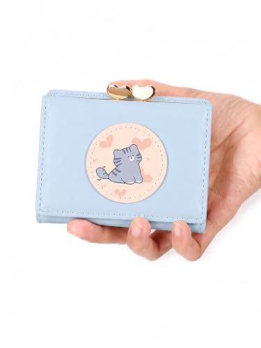 Image of Valerie Cute Small Wallets Clutch for Teen Girl Women PU Leather Trifold Small Wallet Cash Pocket 3D Buckle Card Holder Coin Purse with ID Window for Girls Women (Blue cat)