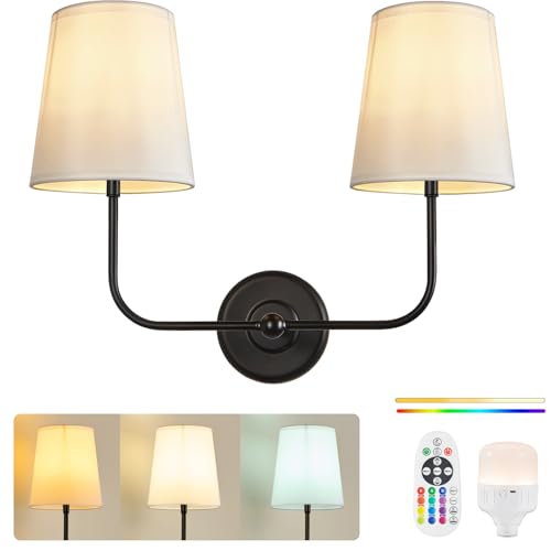 Image of Double-Headed No Hardwired Wall Sconce, Rechargeable Battery-Powered, Remote Controlled, Dimmable, Easy Installation, 5200 mAh, Wall Light Ideal for Bedroom, Living Room, and Ambient Lighting