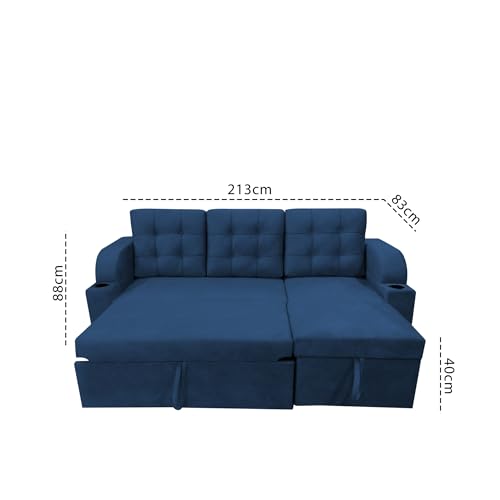 Image of Casaliving Grance RHS 4 Seater Corner Sofa Cum Bed for Living Room with Storage (Blue Fabric) Premium Fabric Sofa