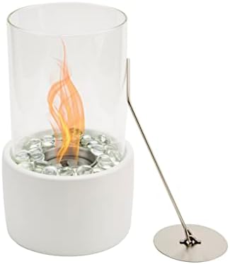 Table Top Fire Bowl, Ventless Outdoor Portable Bio Ethanol Fire Pit, Modern Round Table Fireplace - Fuel Sold Separately (White with Glass)