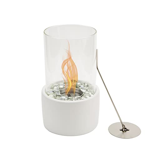 Table Top Fire Bowl, Ventless Outdoor Portable Bio Ethanol Fire Pit, Modern Round Table Fireplace - Fuel Sold Separately (White With Glass) #TOP21