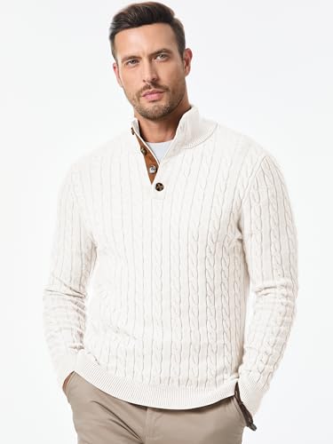 Image of JMIERR Men's Cable Knit Pullover Sweater Casual Long Sleeve Stand Collar Button Knitted Sweaters