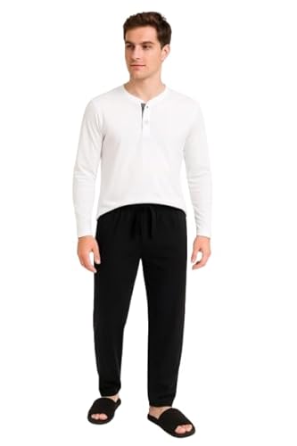 ان جي طقم ملابس نوم للرجال، بلوزة هينلي باكمام طويلة مع بنطلون بيجامة برباط سحب، بيجامة (ابيض/اسود، 2 XL)