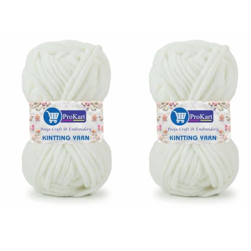 Image of ProKart Premium Blankie Wool, Plush & Cuddly, Chenille Yarn Supersoft Hand Knitting Wool Ball | Adult, Sweaters, caps, Throws, Home Furnishing, Scarves, Blankets (Pure White, 100gms x 2 Pack)