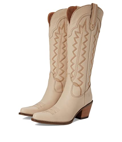 Dingo Womens High Cotton Embroidered Snip Toe Pull On Casual Boots Knee High Mid Heel 2-3" - Beige - Size 9 M