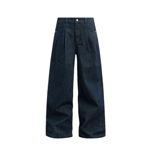 Men's American Style Wide Leg Jeans Loose Floor Silhouette Straight Denim Pants Solid Color Trousers
