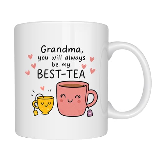 EZCLASSY-Cute BEST-TEA Mug for Mom Grandma Grandpa Auntie, Funny Tea Lover Gift, Cute Kawaii Mug for Women Family, Coffee Tea Cup for Birthday, Mother’s Day, Christmas, Appreciation Gift (Grandma)