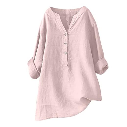 2025 Chemise Lin Femme,Chemisier Coton Et Lin pour Femmes Col en V Bouton Manches Longues Tops Couleur Unie Chic Et Élégant LâChe Respirant T-Shirts Grande Taille Casual Coton Lin Blouse Pas Cher