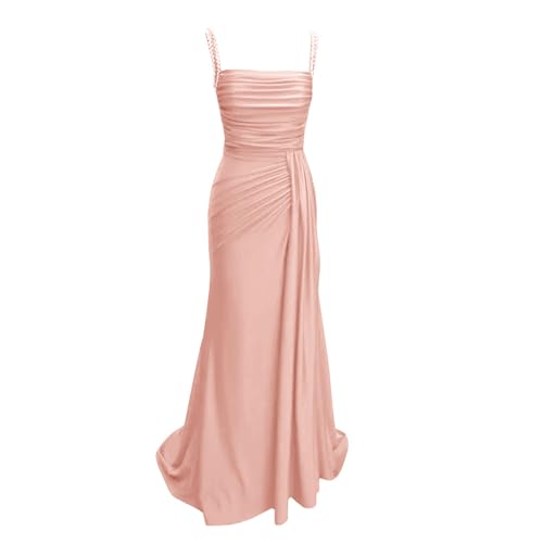 Mermaid Satin Prom Dresses Long Spaghetti Straps Evening Dress with Slit Beaded Pleated Formal Dress One Size Blush