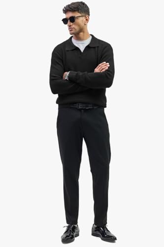 Image of SNITCH Men's Textured| Self-Design Sweaters | Casual Wear| College Wear Streetwear Style | Acrylic Blend Polo Full Sleeve Slim Fit Black