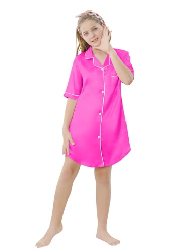 Image of Schbbbta Girls & Women Silk Nightgown, Short Sleeve Button Down Satin Nightshirt Pajama House Dress, 3 Years- Women 2XL