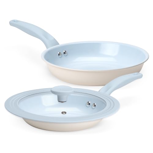Tasty Ceramic Frying Pan Set, Universal Glass Lid, 8" and 9.5" Skillet, Healthy Nonstick Fry Pan, Even Heating, Easy to Clean, Made without PFAS, PFOA, PFOS and PTFE, Dishwasher Safe, 3-Piece, Blue by Tasty - Used condition - US$33.07