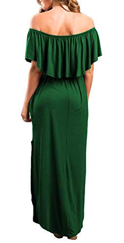 Image of Sarin Mathews Womens Off The Shoulder Ruffle Party Dress Casual Side Split Beach Long Maxi Dresses with Pockets