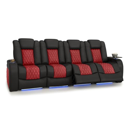 Image of Seatcraft Diamante Black /Red Italian Leather Home Theater Seating, Zero Gravity Power Recliner, Gaming and Home Office Chair, Powered Headrest Furniture for Family Cinema Room, Row of 4 Sofa