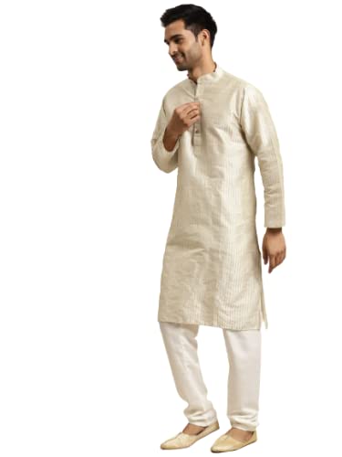 sojanya (Since 1958 Men's Silk Blend Striped Kurta & Off White Churidaar Pyjama Set-picture-11