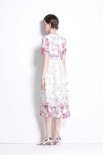 Image of LAI MENG FIVE CATS Women's Lace Floral Short Sleeve Crochet Waist Cocktail Midi Dress