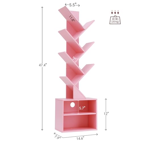 Image of SUNMORY 6 Tier Tree Bookshelf, Tall Small Bookcase with Storage Cabinet | Modern Narrow Bookshelves Organizer, Floor Standing Book Case Shelf for Bedroom Living Room Home Office Corner, Pink
