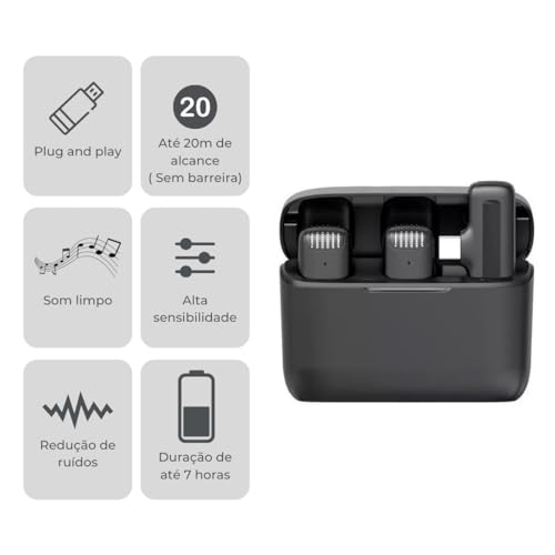 Microfone de Lapela Duplo Sem Fio USB-C com Estojo de Carregamento Compatível com iPhone 15 e Androi